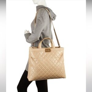 Chanel Le Boy Beige Quilted Leather Large Shopping Tote Crossbody Bag.
